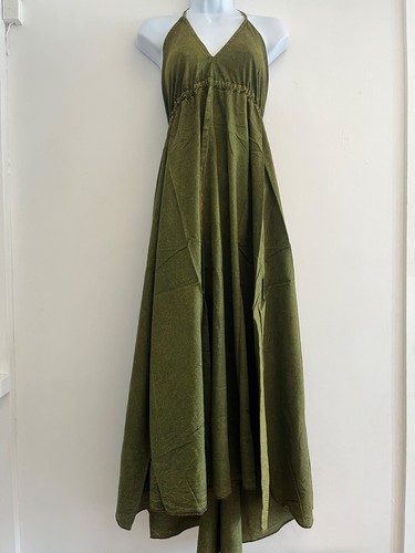 Cotton dress olive green long - cotton,